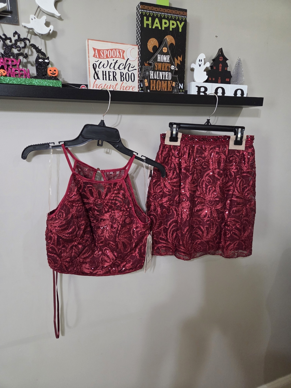 Honey and Rosie Formal Burgundy Sequin Embroidered Crop Top and Skirt Set